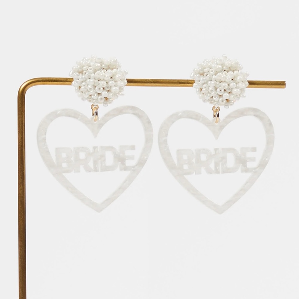 White Beaded Bridal Heart Earrings